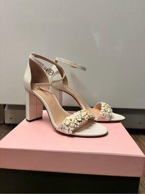 KATE SPADE white floral ankle strap heels